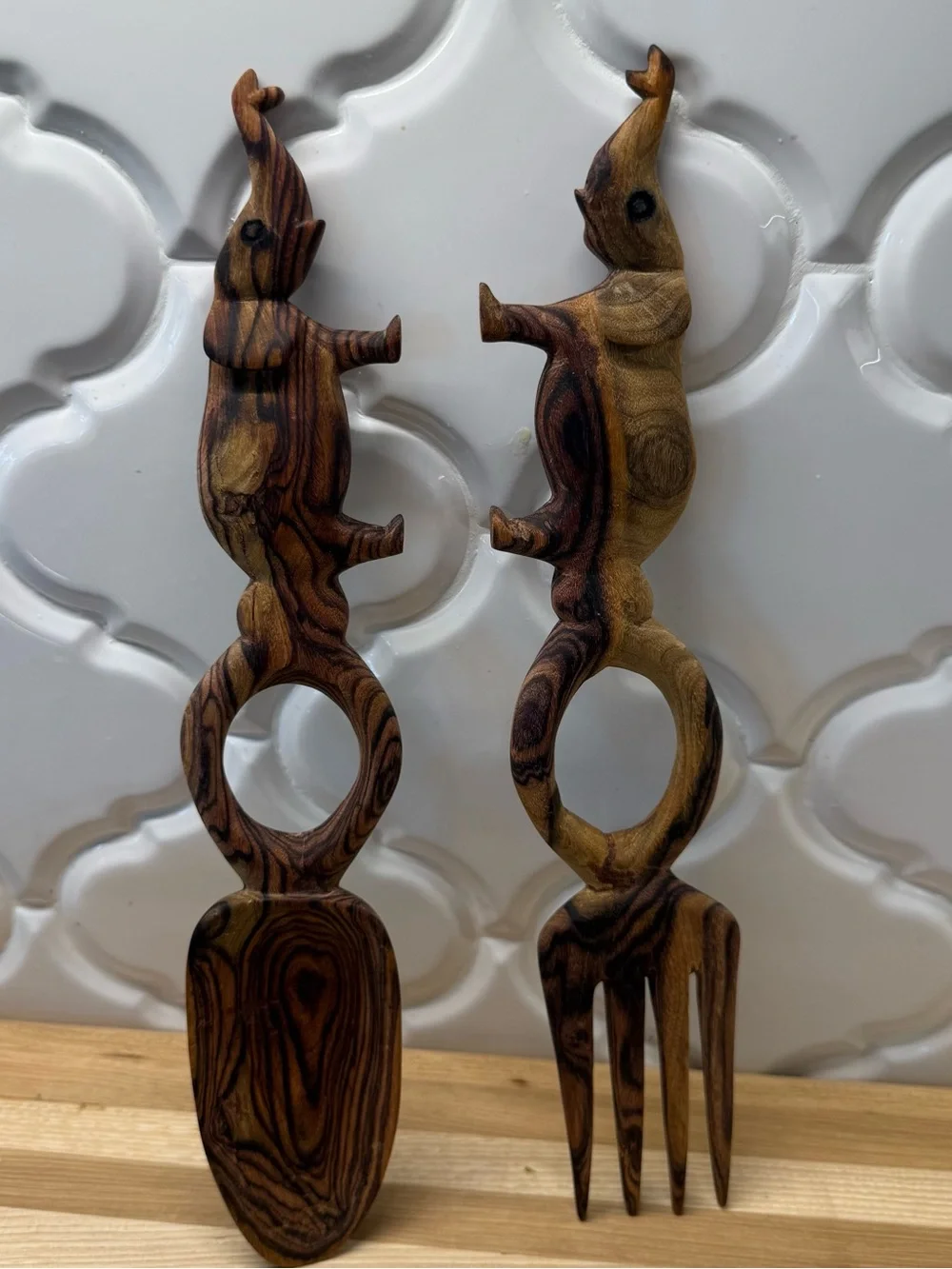 VTG Hand Carved Wooden Giraffe Salad Servers Spoon Fork Set Safari Boho African